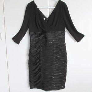Kay Unger Black Sequin Tulle Skirt Rusched Silk Midriff 3/4 Sleeve Dress No Size
